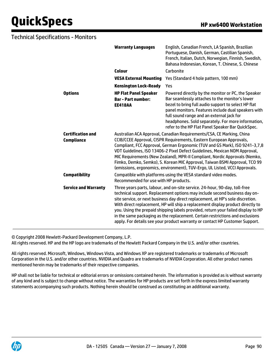 Quickspecs | HP XW6400X User Manual | Page 90 / 90