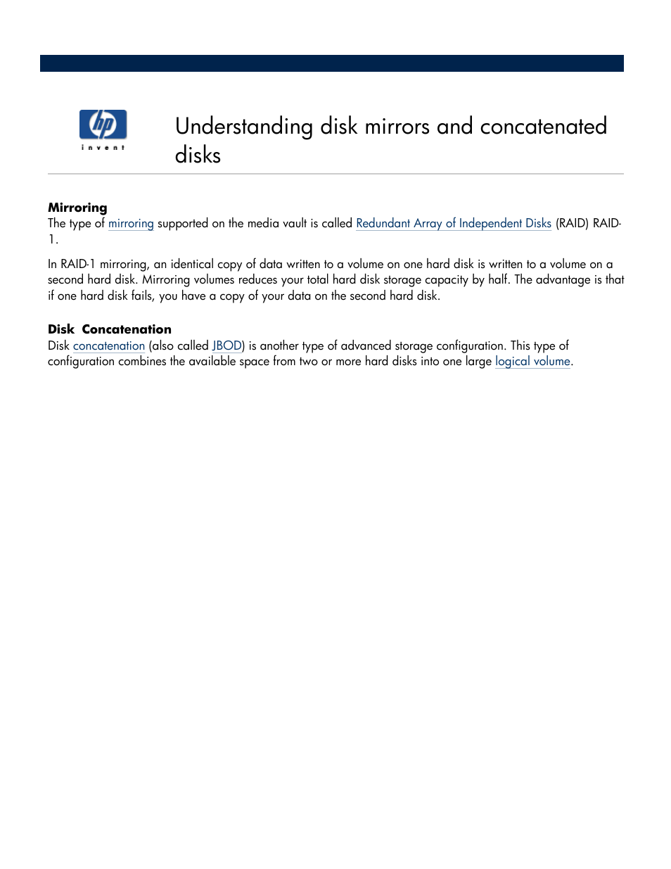 Understanding disk mirrors and concatenated disks, Understanding disk mirrors, Concatenated disks | HP Media Vault User Manual | Page 101 / 142