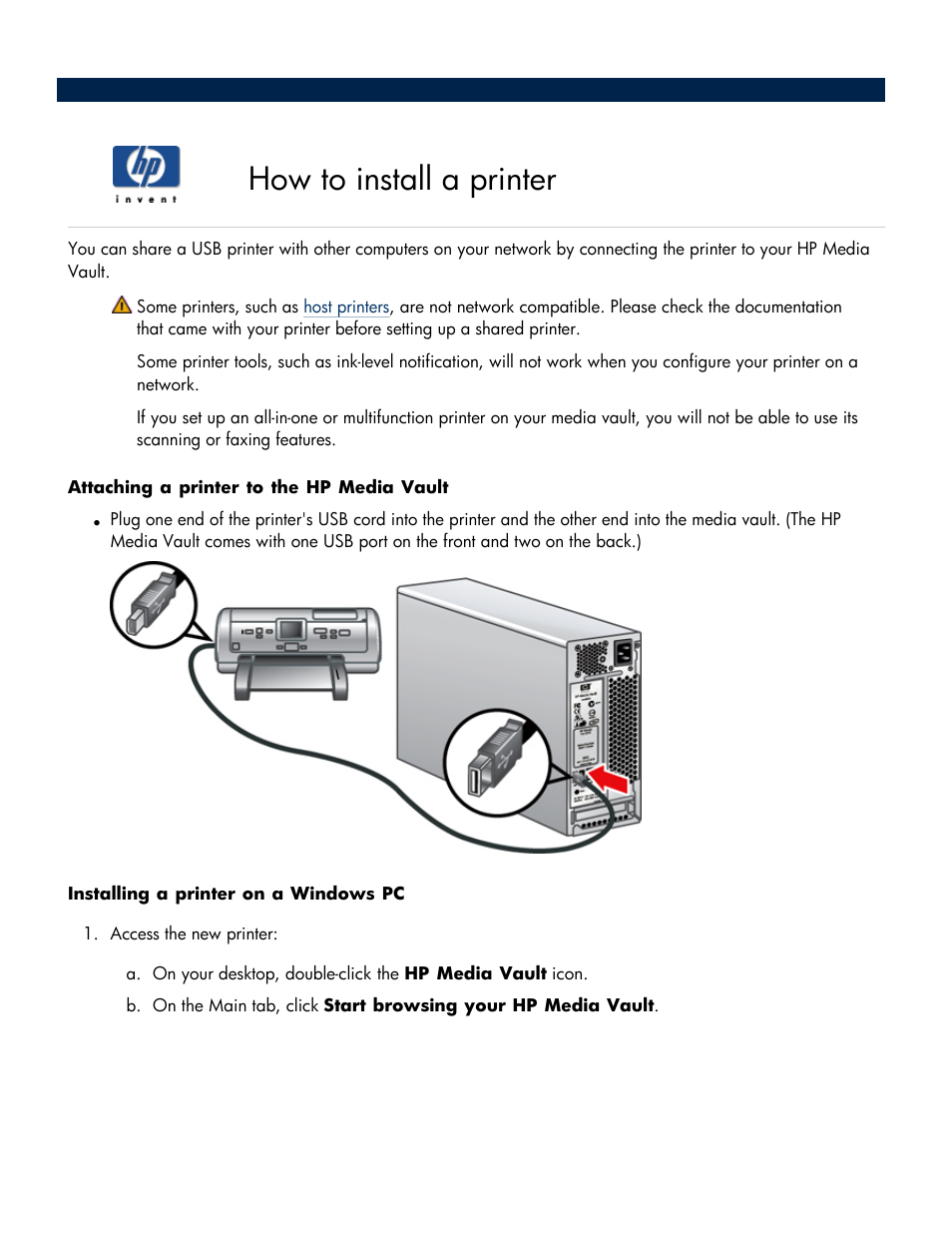 How to install a printer, Install, A printer | HP Media Vault User Manual | Page 104 / 142