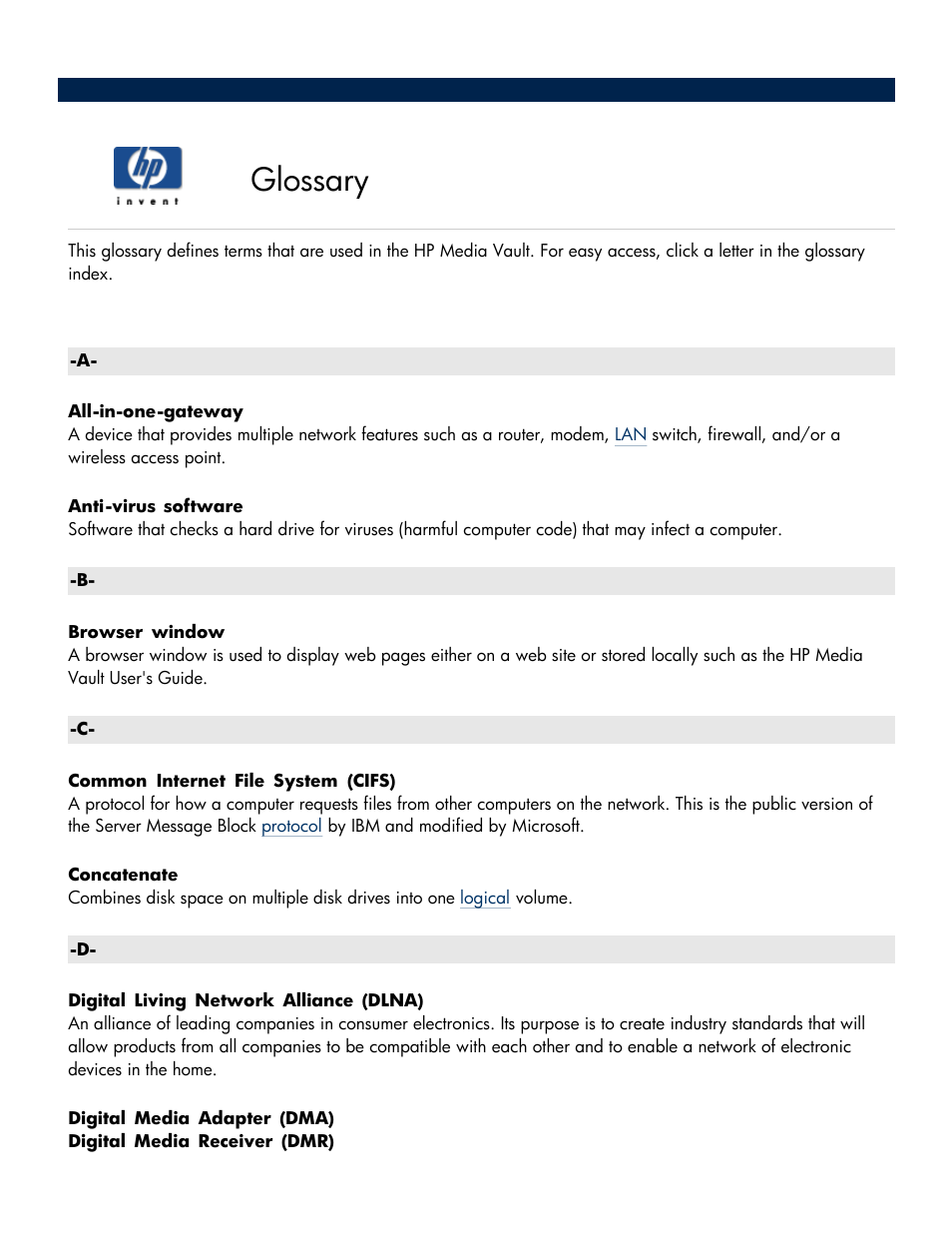 Glossary, Shared, Folders | Sub-folders, Shared folders, Which, Wireless access point, All-in-one-gateway, Router, Or as a standalone unit. in many cases, an ap's | HP Media Vault User Manual | Page 117 / 142