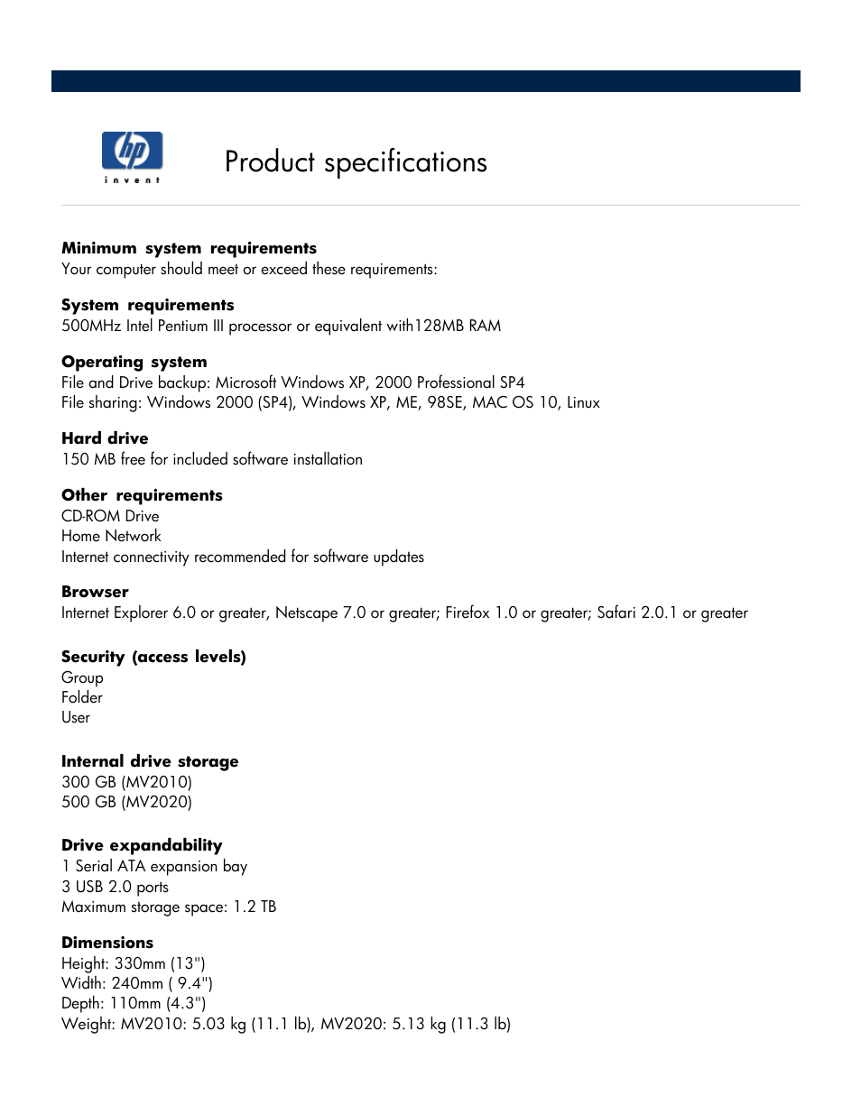 Product specifications | HP Media Vault User Manual | Page 124 / 142