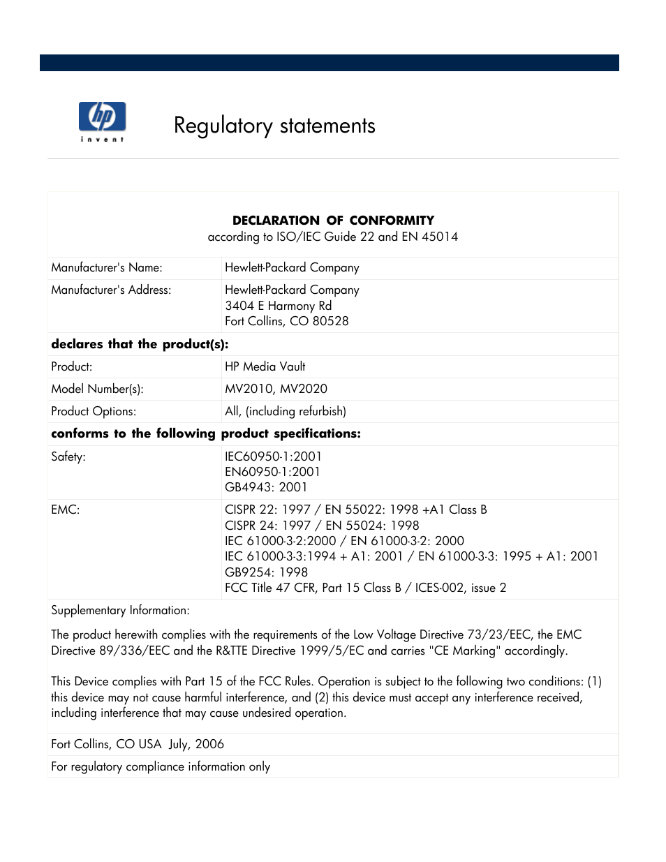 Regulatory statements | HP Media Vault User Manual | Page 127 / 142