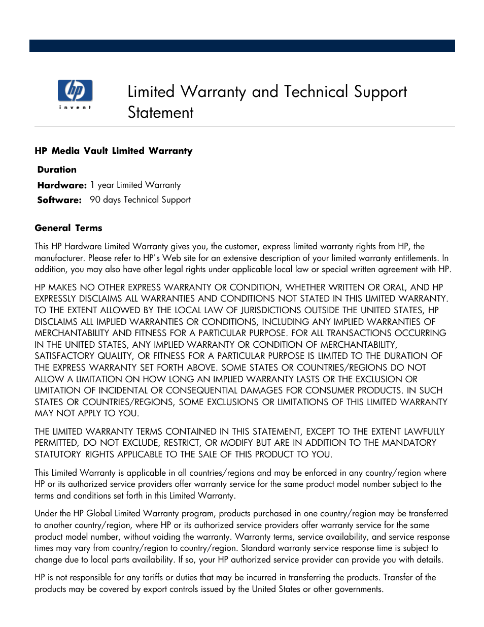 Limited warranty and technical support statement | HP Media Vault User Manual | Page 138 / 142