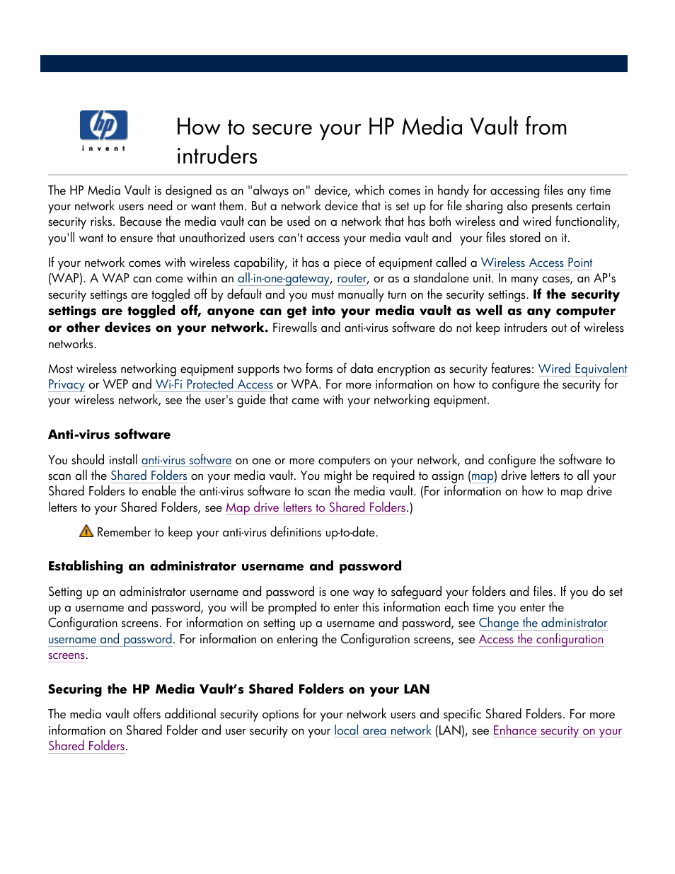How to secure your hp media vault from intruders | HP Media Vault User Manual | Page 17 / 142