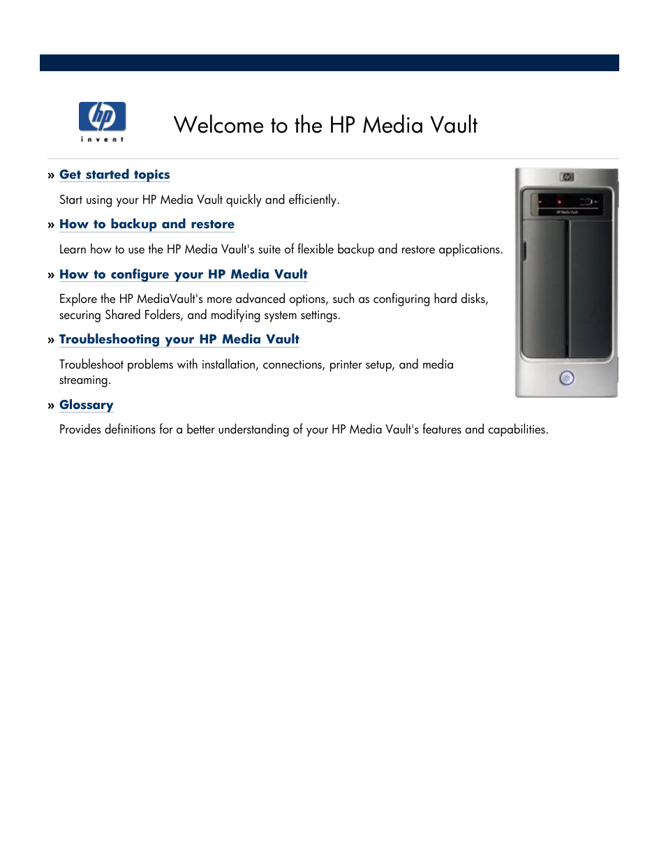 Welcome to the hp media vault | HP Media Vault User Manual | Page 3 / 142