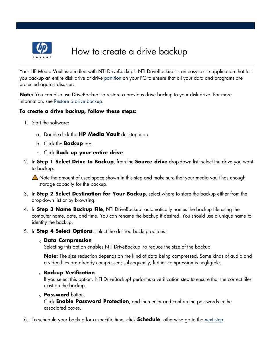 How to create a drive backup, Create a drive backup, Shared folders, see | HP Media Vault User Manual | Page 32 / 142