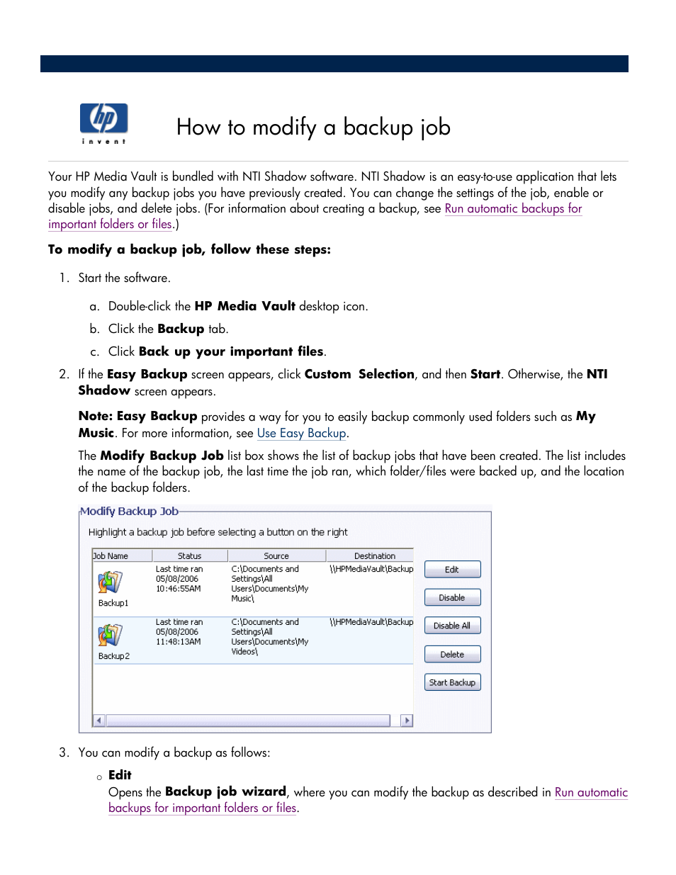 How to modify a backup job, Modify a backup job | HP Media Vault User Manual | Page 35 / 142