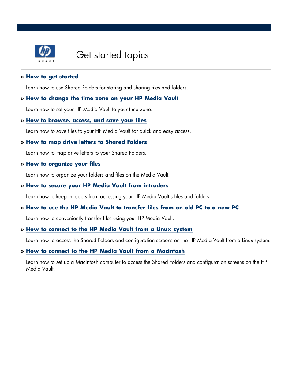 Get started topics | HP Media Vault User Manual | Page 4 / 142