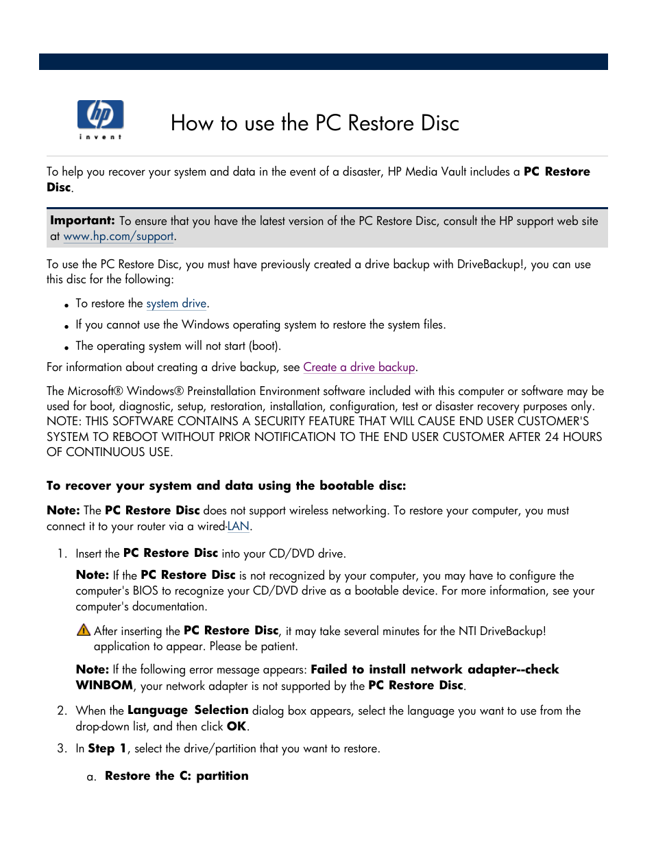 How to use the pc restore disc, Pc restore disc, A system drive cannot be restored from | HP Media Vault User Manual | Page 40 / 142