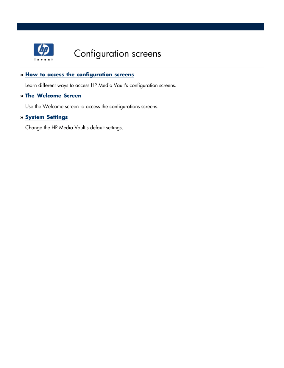 Configuration screens | HP Media Vault User Manual | Page 43 / 142