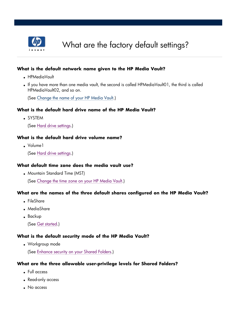 What are the factory default settings | HP Media Vault User Manual | Page 47 / 142
