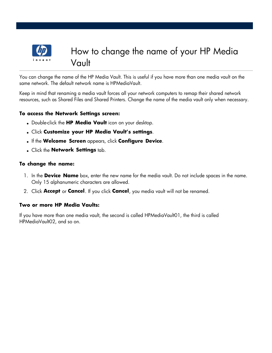 How to change the name of your hp media vault, Change the name, Of your hp media vault | Change the name of your hp media vault | HP Media Vault User Manual | Page 50 / 142