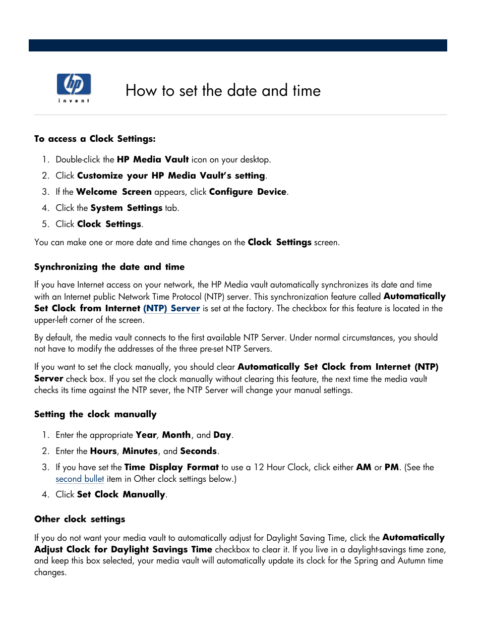 How to set the date and time | HP Media Vault User Manual | Page 51 / 142