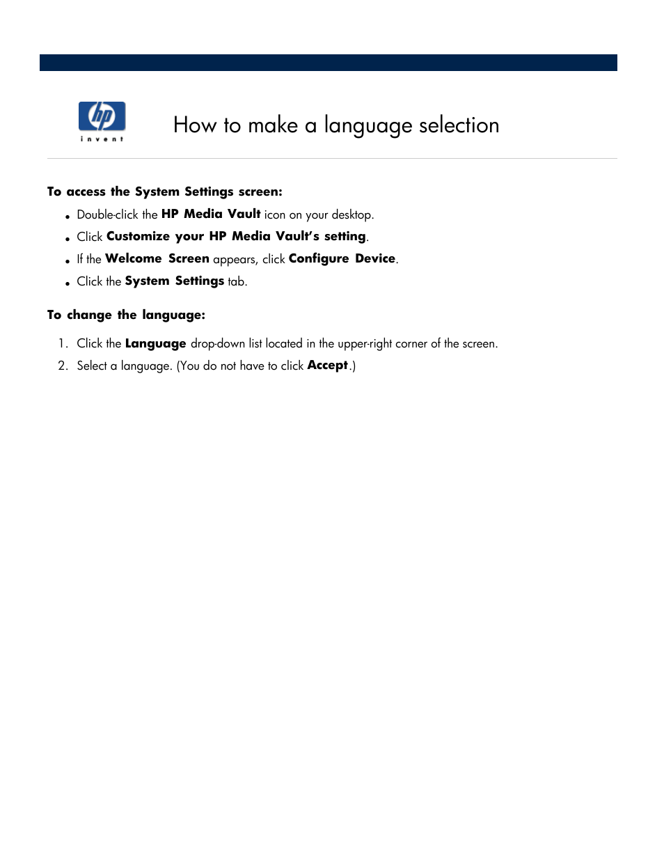 How to make a language selection | HP Media Vault User Manual | Page 54 / 142
