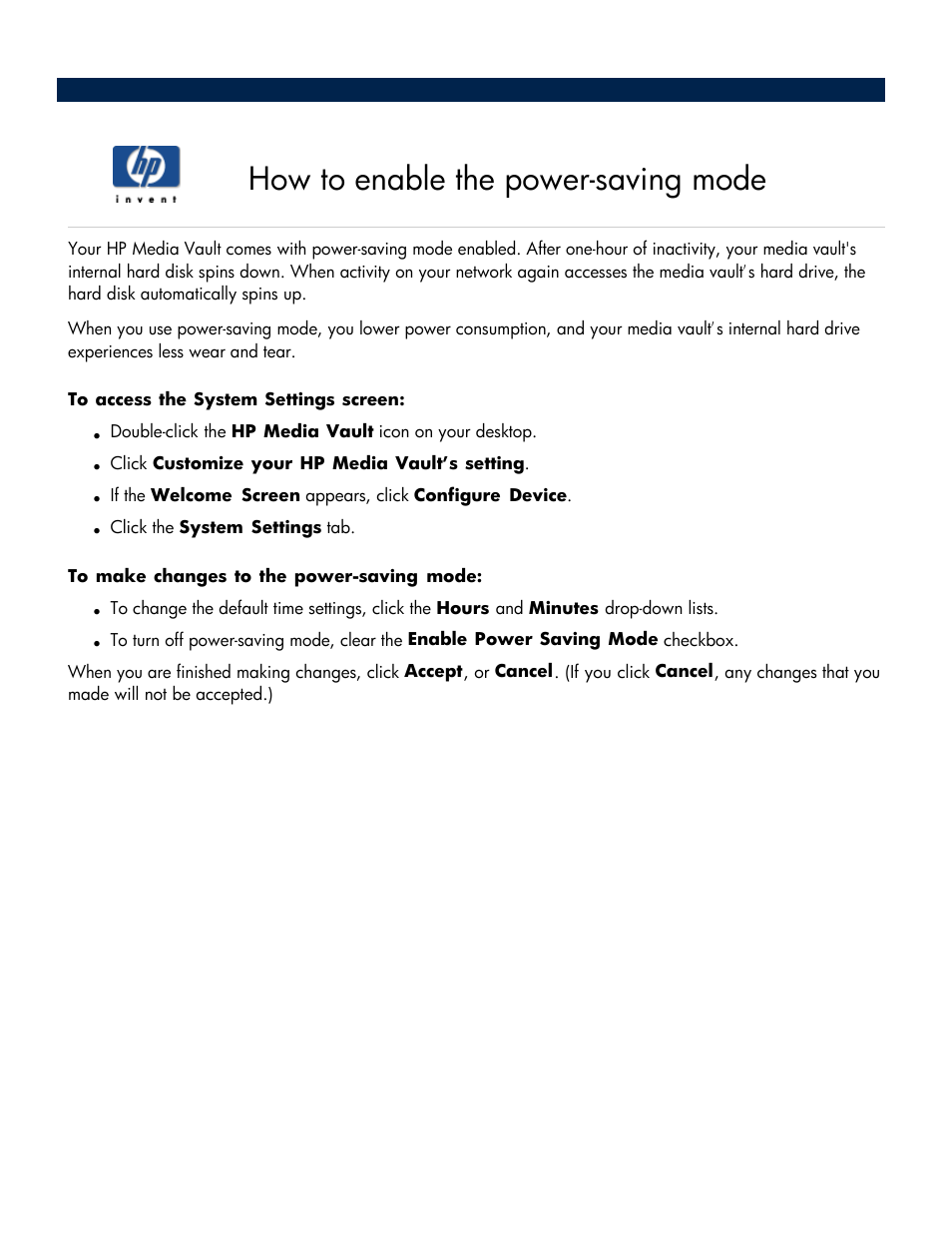 How to enable the power-saving mode | HP Media Vault User Manual | Page 56 / 142