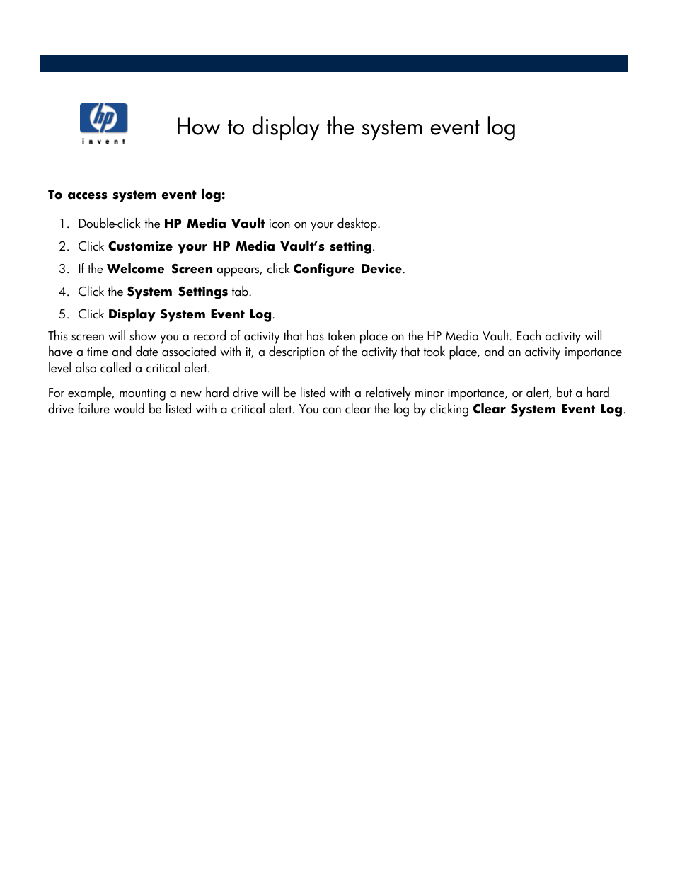 How to display the system event log | HP Media Vault User Manual | Page 57 / 142