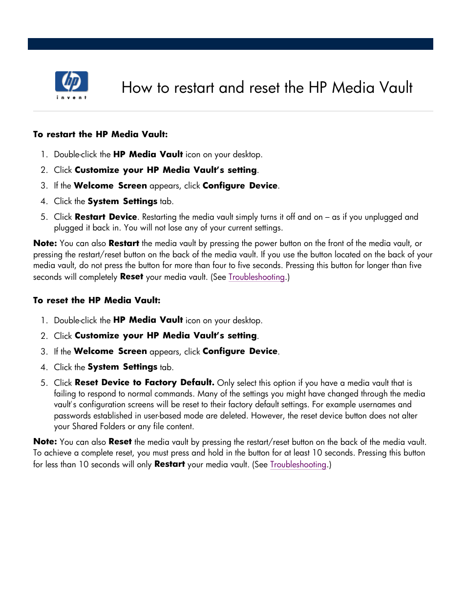 How to restart and reset the hp media vault | HP Media Vault User Manual | Page 58 / 142