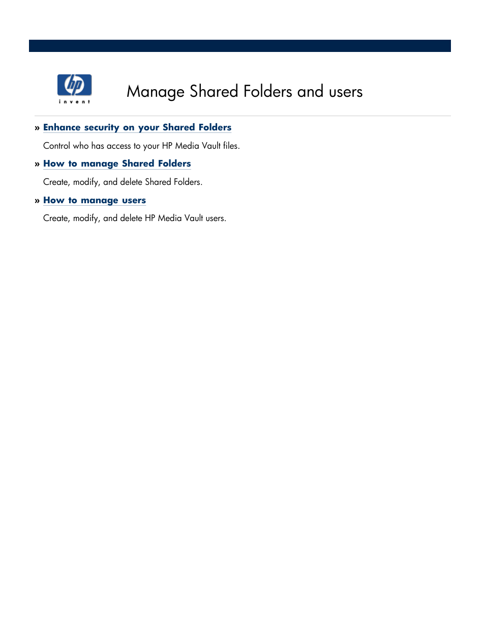 Manage shared folders and users | HP Media Vault User Manual | Page 65 / 142