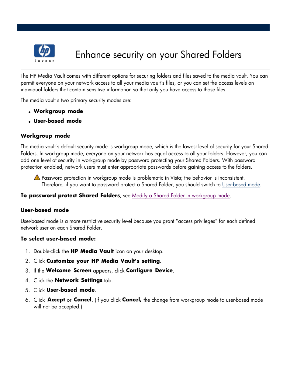 Enhance security on your shared folders, Enhance security on your | HP Media Vault User Manual | Page 66 / 142