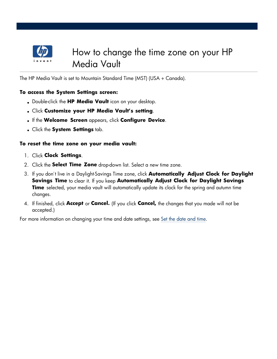 How to change the time zone on your hp media vault | HP Media Vault User Manual | Page 7 / 142