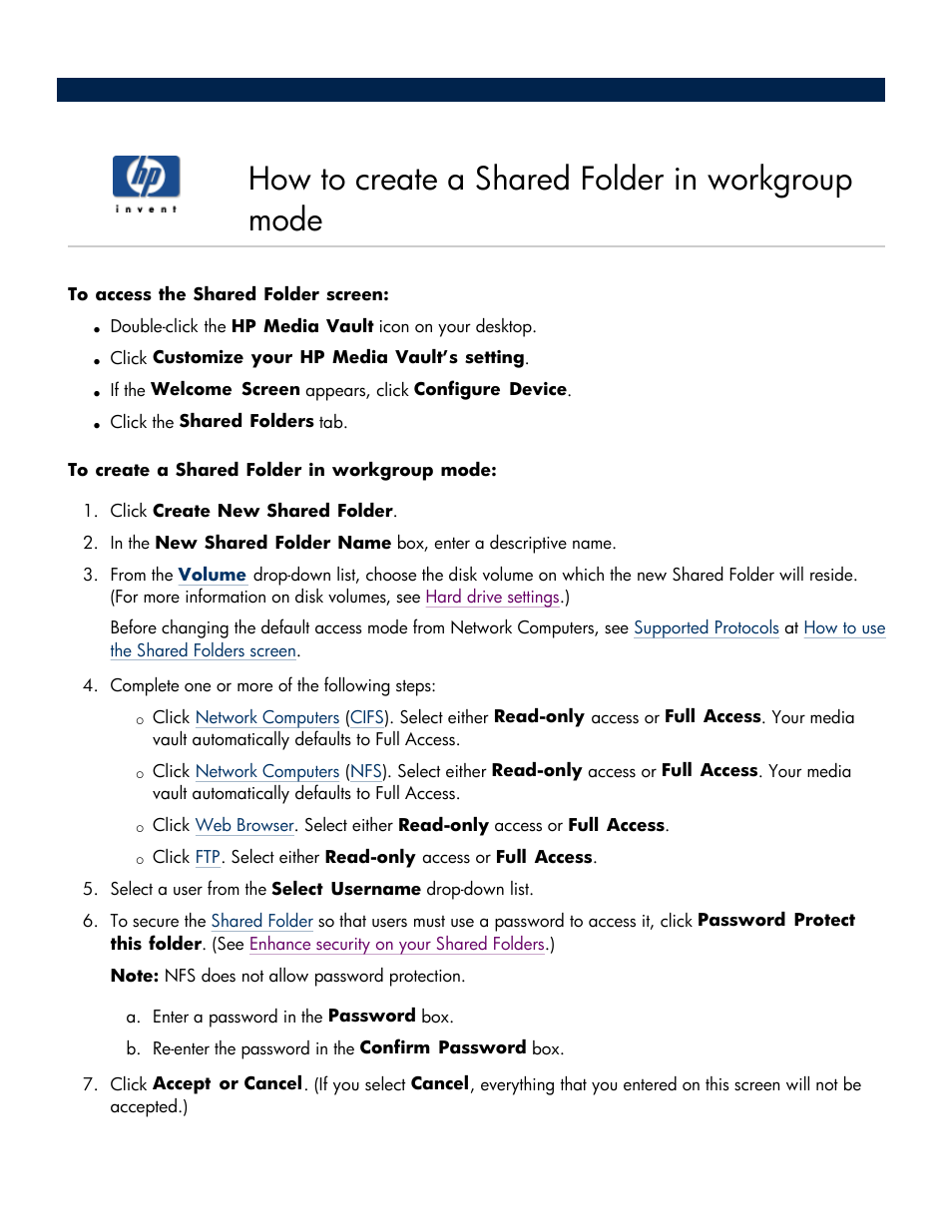 How to create a shared folder in workgroup mode, Create a new shared folder | HP Media Vault User Manual | Page 71 / 142