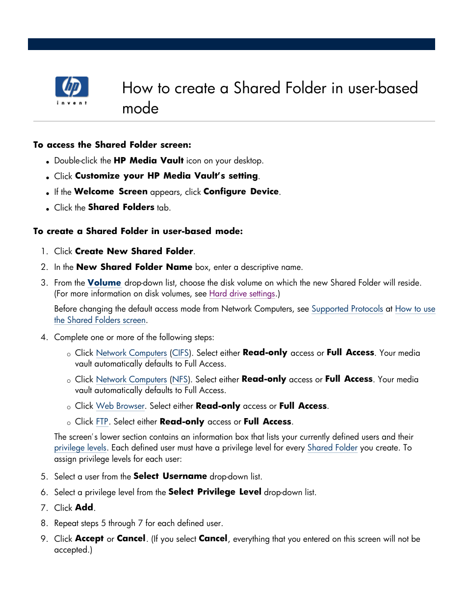 How to create a shared folder in user-based mode | HP Media Vault User Manual | Page 72 / 142