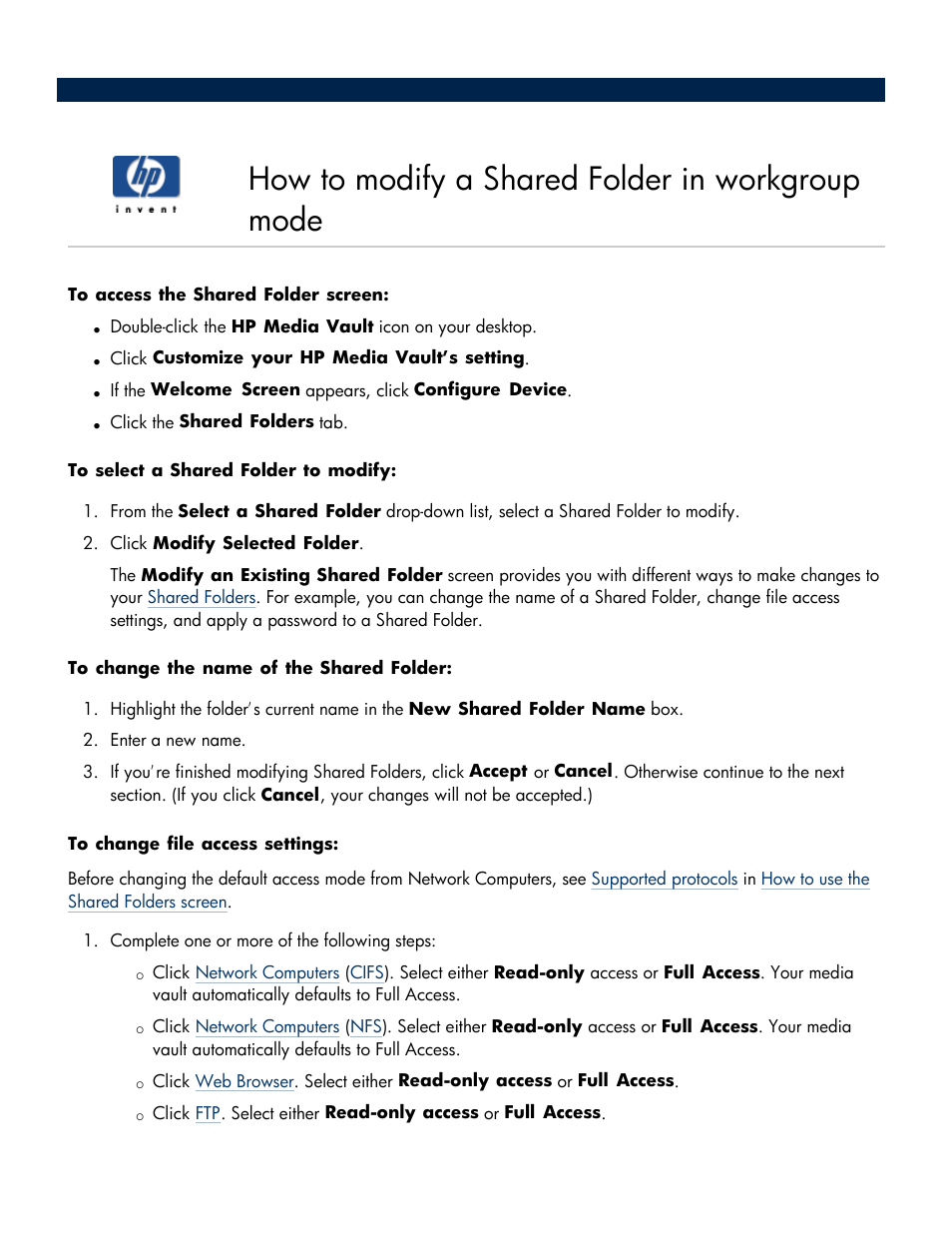 How to modify a shared folder in workgroup mode, Screen or on the, Modify an existing shared folder | On both screens, the, Modify a shared folder in workgroup mode, Transfer protocol | HP Media Vault User Manual | Page 73 / 142