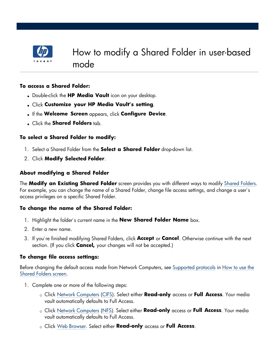 How to modify a shared folder in user-based mode | HP Media Vault User Manual | Page 75 / 142