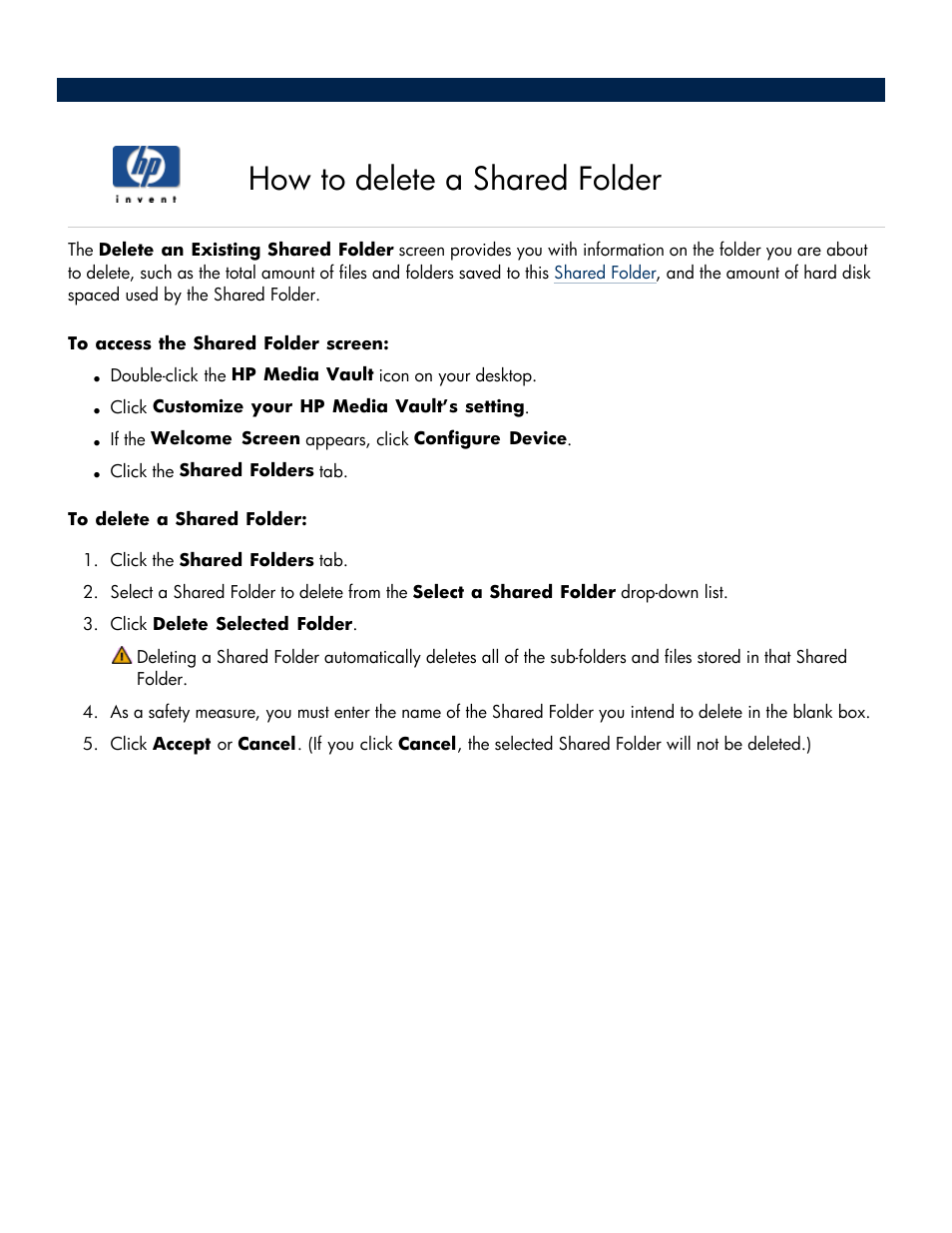 How to delete a shared folder | HP Media Vault User Manual | Page 77 / 142