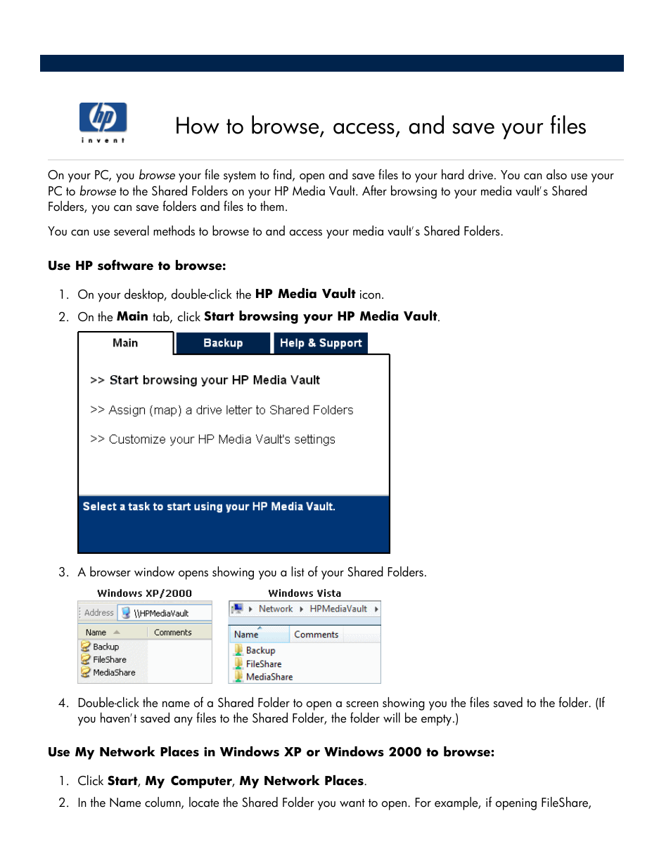 How to browse, access, and save your files, Share, Rather than mapping | A shared folder. a | HP Media Vault User Manual | Page 8 / 142