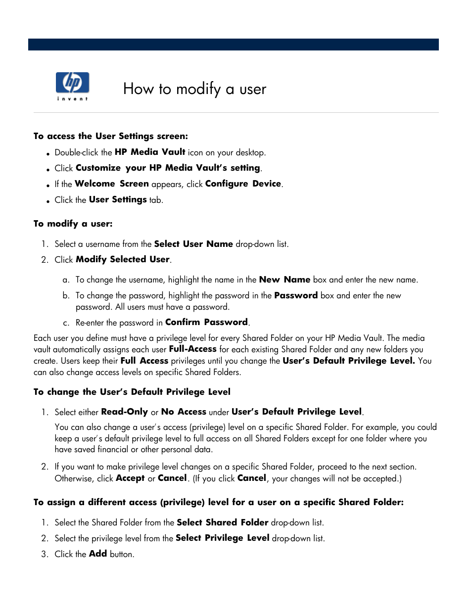How to modify a user | HP Media Vault User Manual | Page 81 / 142