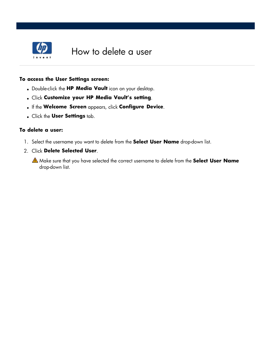 How to delete a user | HP Media Vault User Manual | Page 83 / 142