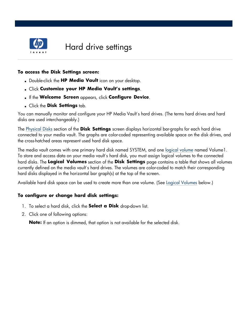 Hard drive settings | HP Media Vault User Manual | Page 87 / 142
