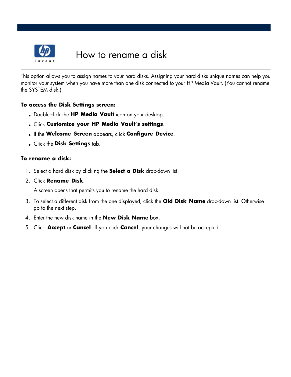 How to rename a disk | HP Media Vault User Manual | Page 89 / 142