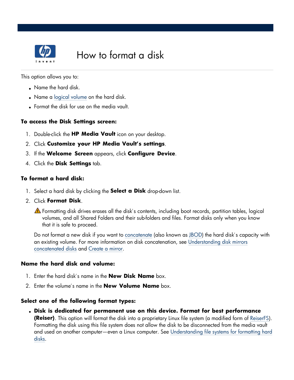 How to format a disk | HP Media Vault User Manual | Page 90 / 142