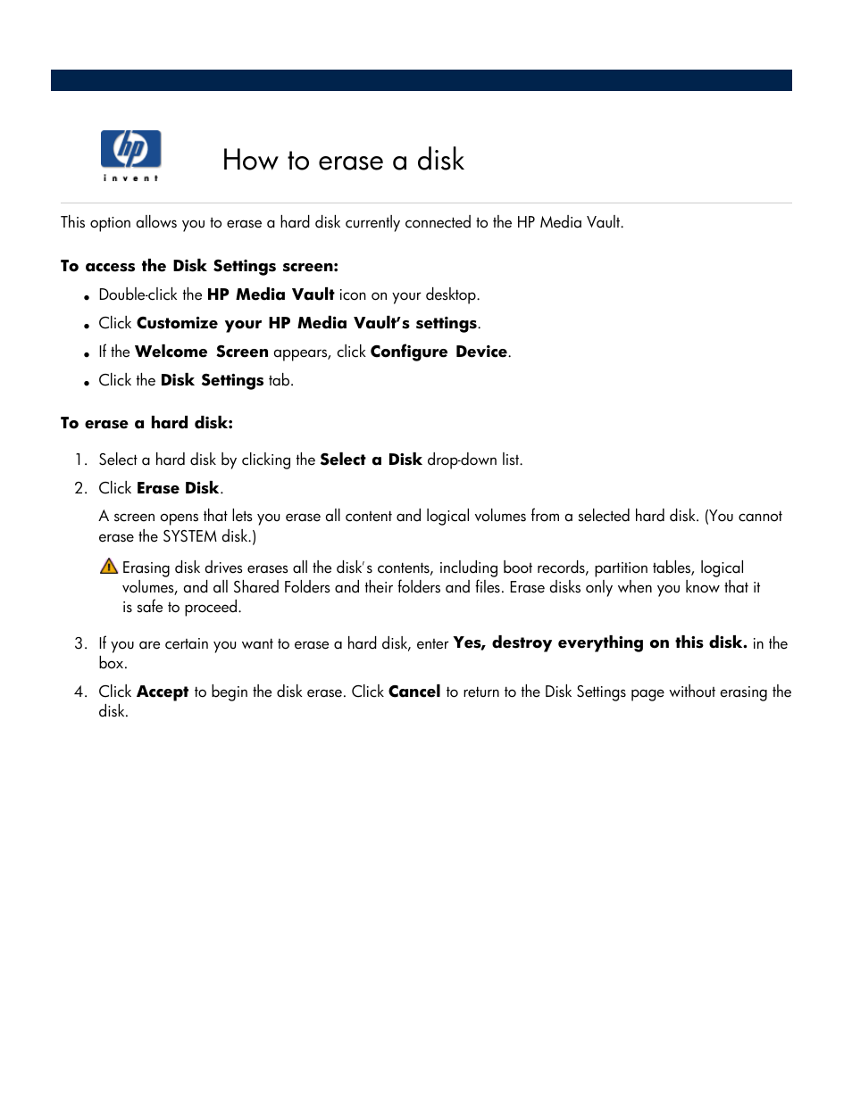 How to erase a disk | HP Media Vault User Manual | Page 92 / 142