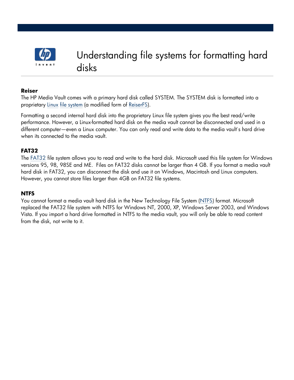 Understanding file systems for formatting hard | HP Media Vault User Manual | Page 93 / 142