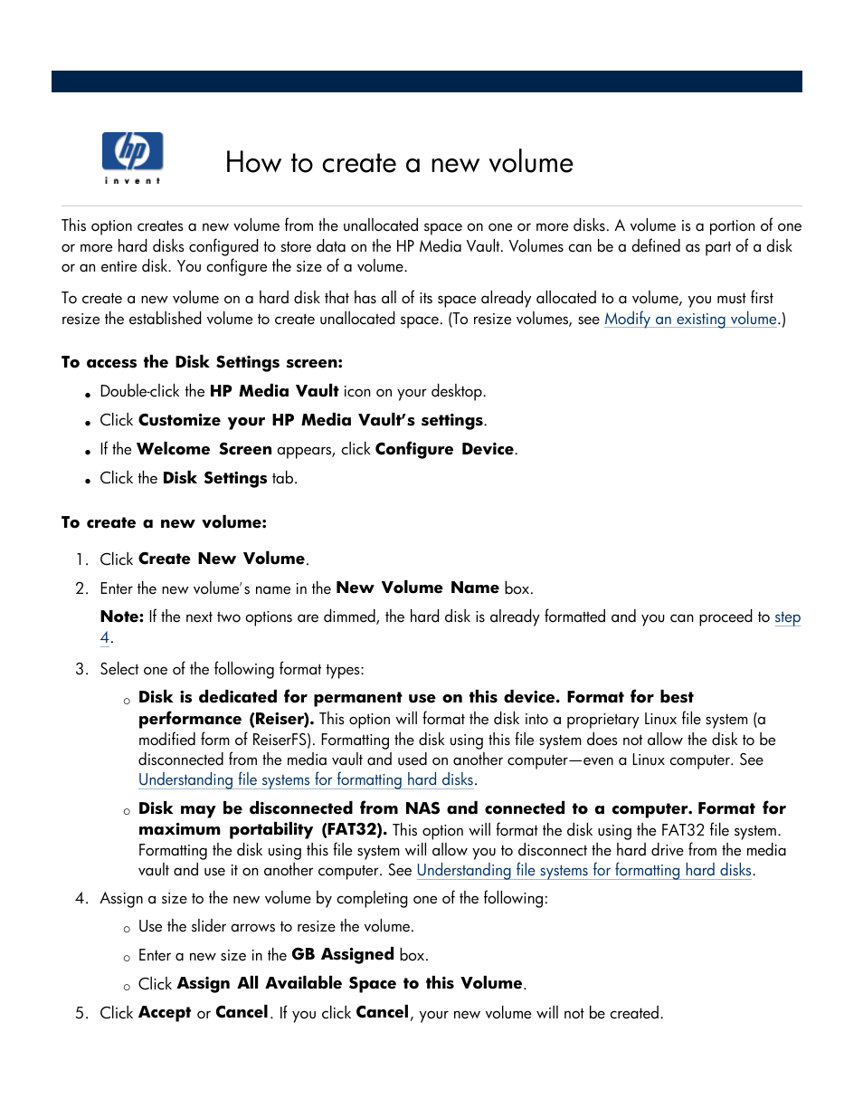 How to create a new volume | HP Media Vault User Manual | Page 94 / 142