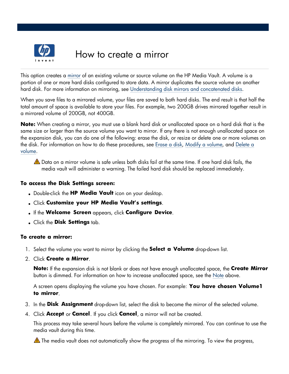 How to create a mirror, Create a mirror | HP Media Vault User Manual | Page 96 / 142