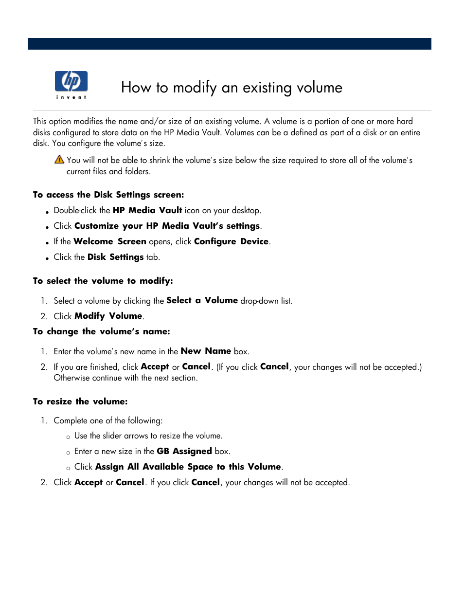 How to modify an existing volume, Understanding disk mirrors and concatenated disks, Modify an existing volume | Modify a volume | HP Media Vault User Manual | Page 99 / 142