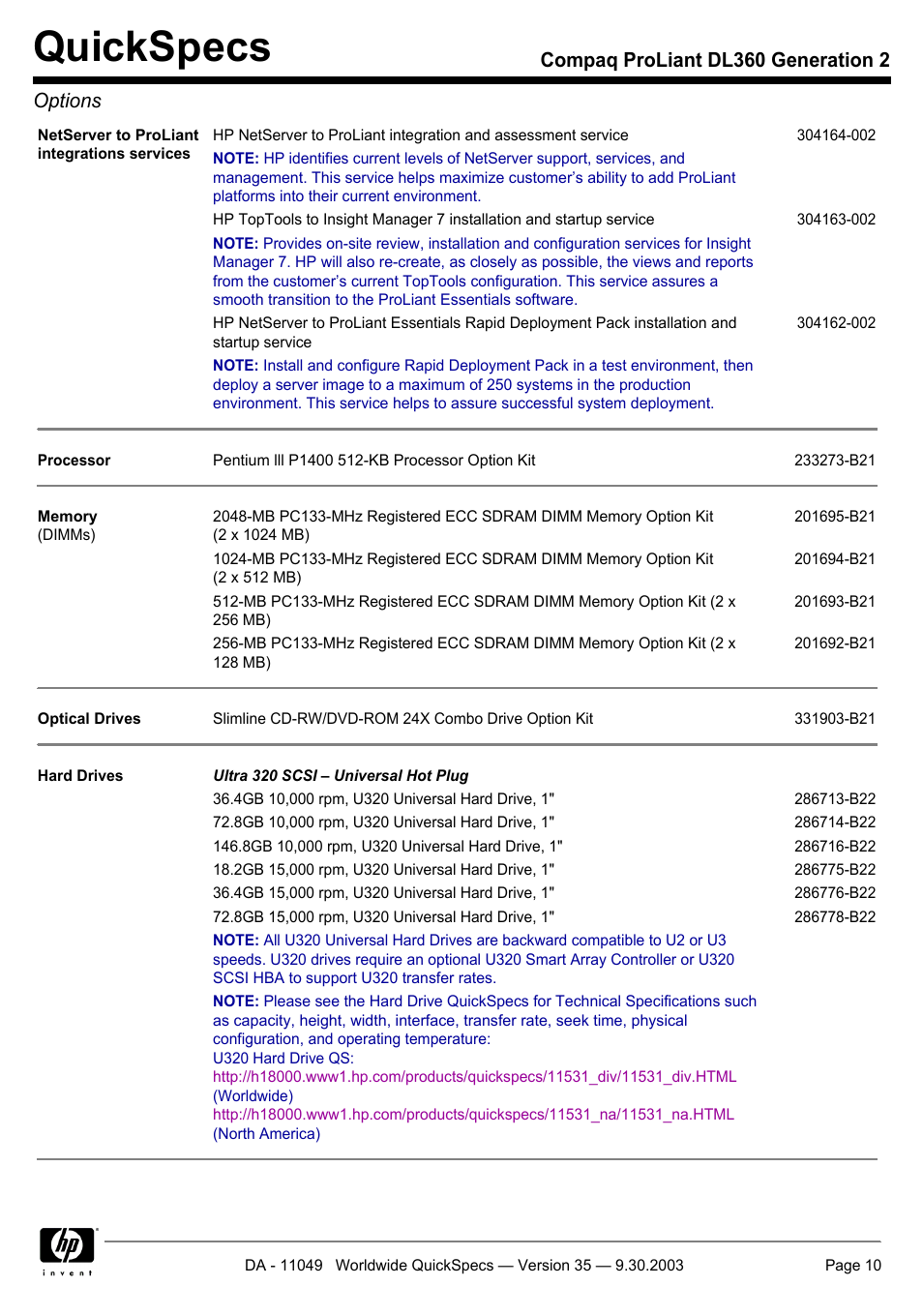 Quickspecs, Compaq proliant dl360 generation 2 options | HP DL360 User Manual | Page 10 / 43