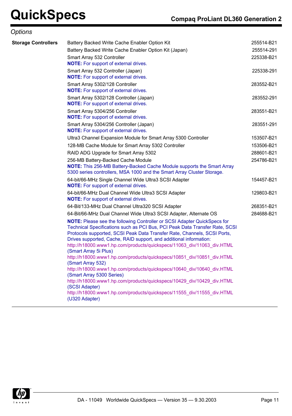 Quickspecs, Compaq proliant dl360 generation 2 options | HP DL360 User Manual | Page 11 / 43