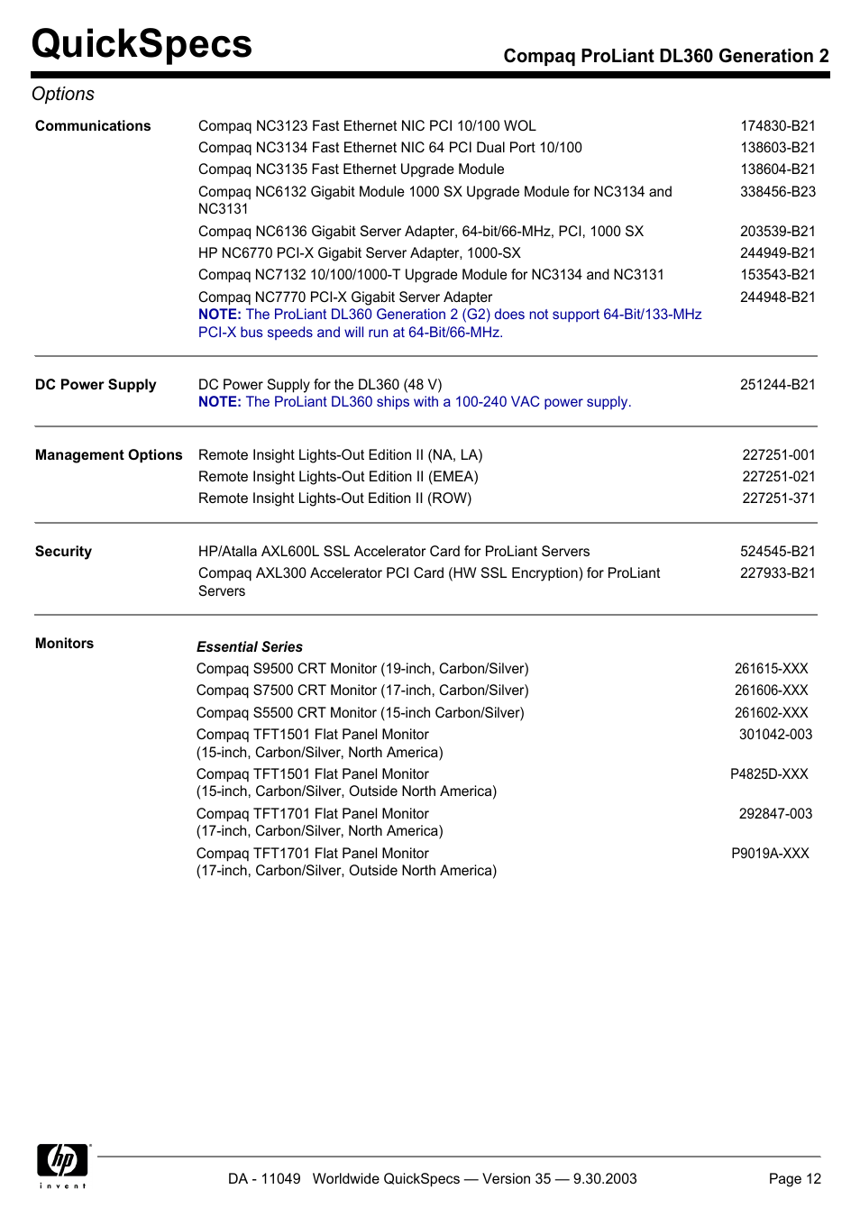 Quickspecs, Compaq proliant dl360 generation 2 options | HP DL360 User Manual | Page 12 / 43