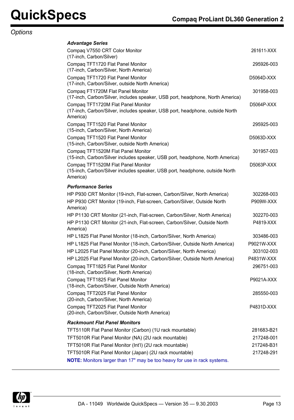 Quickspecs, Compaq proliant dl360 generation 2 options | HP DL360 User Manual | Page 13 / 43