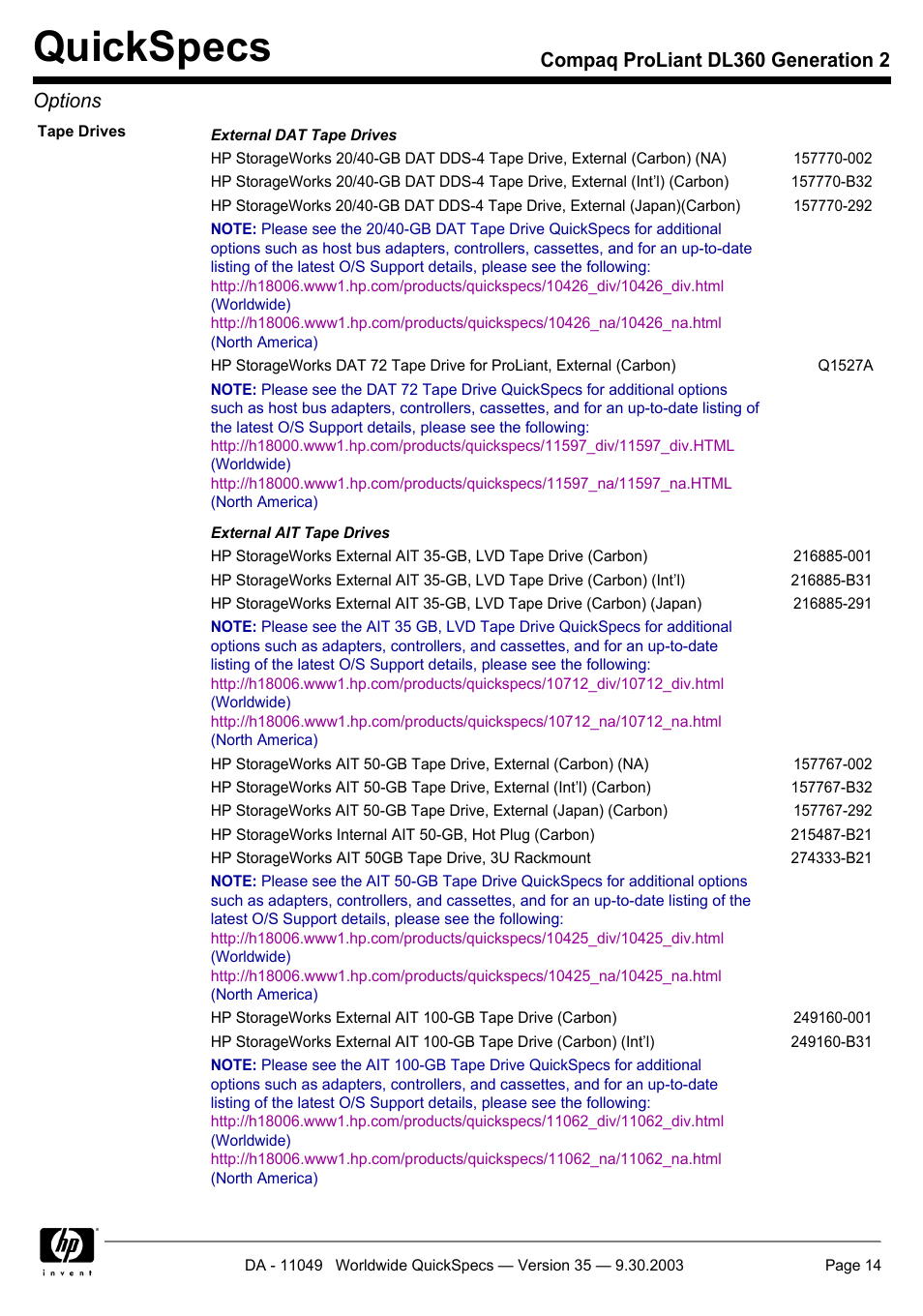 Quickspecs, Compaq proliant dl360 generation 2 options | HP DL360 User Manual | Page 14 / 43