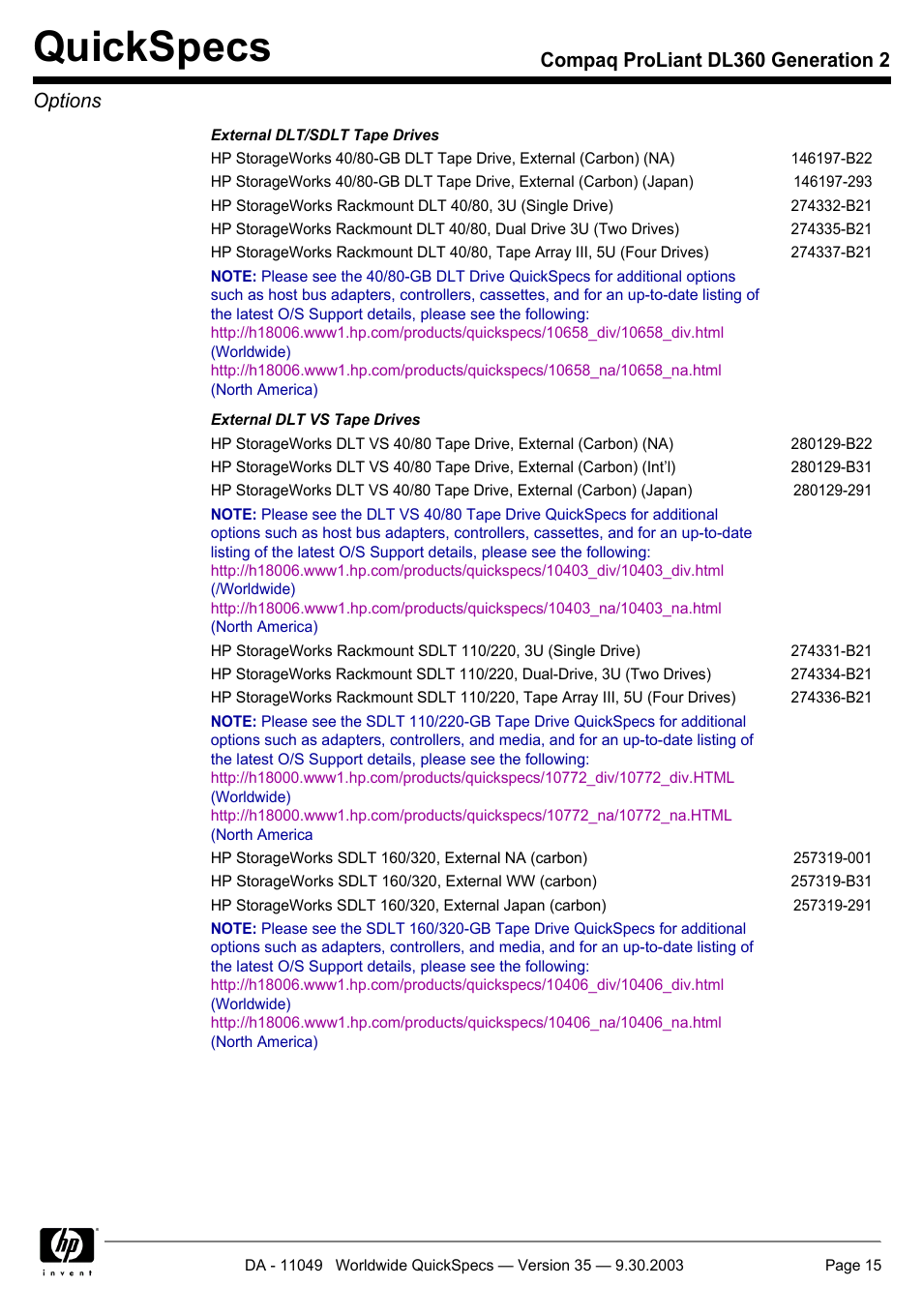 Quickspecs, Compaq proliant dl360 generation 2 options | HP DL360 User Manual | Page 15 / 43