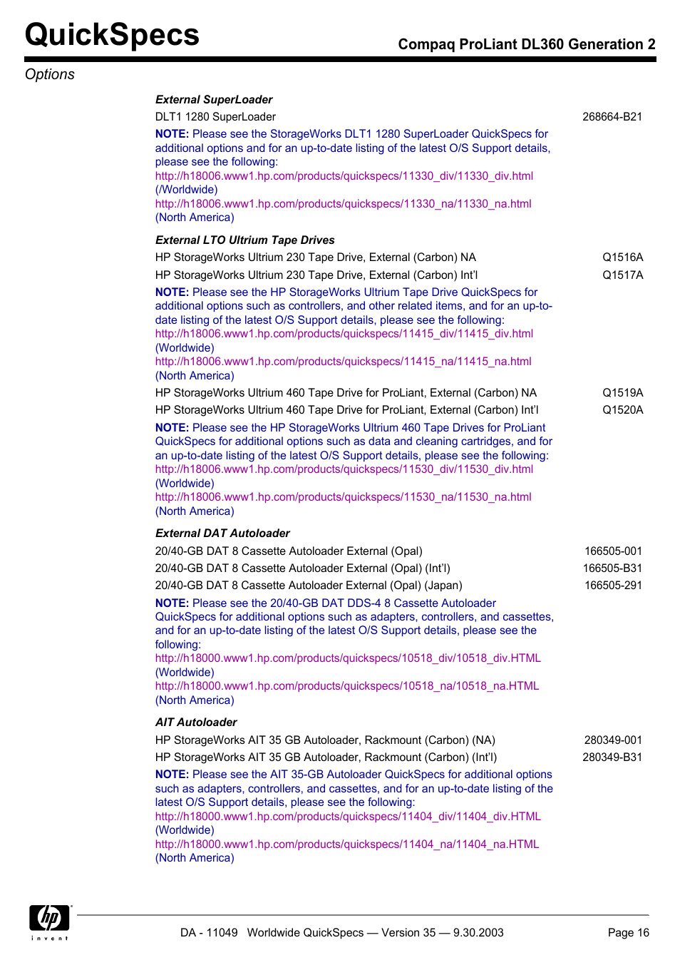 Quickspecs, Compaq proliant dl360 generation 2 options | HP DL360 User Manual | Page 16 / 43