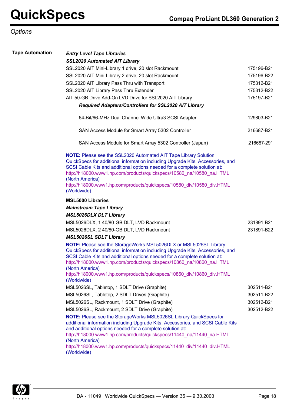 Quickspecs, Compaq proliant dl360 generation 2 options | HP DL360 User Manual | Page 18 / 43