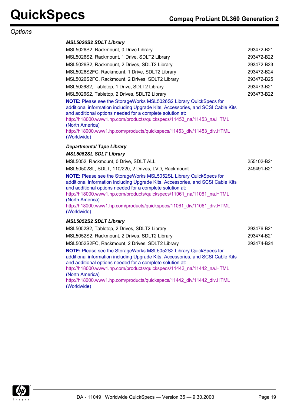 Quickspecs, Compaq proliant dl360 generation 2 options | HP DL360 User Manual | Page 19 / 43