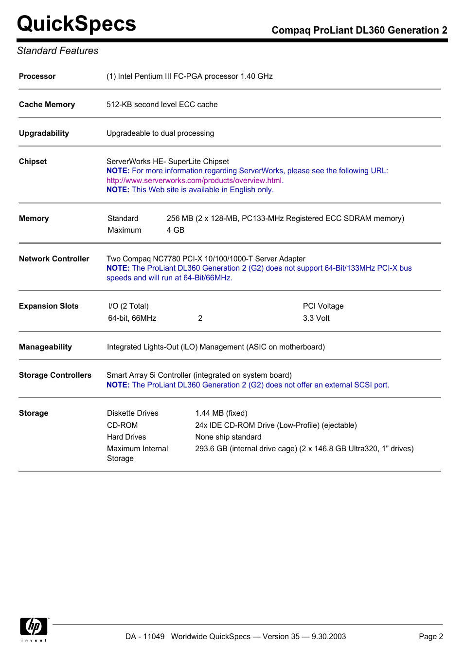 Standard features, Quickspecs | HP DL360 User Manual | Page 2 / 43